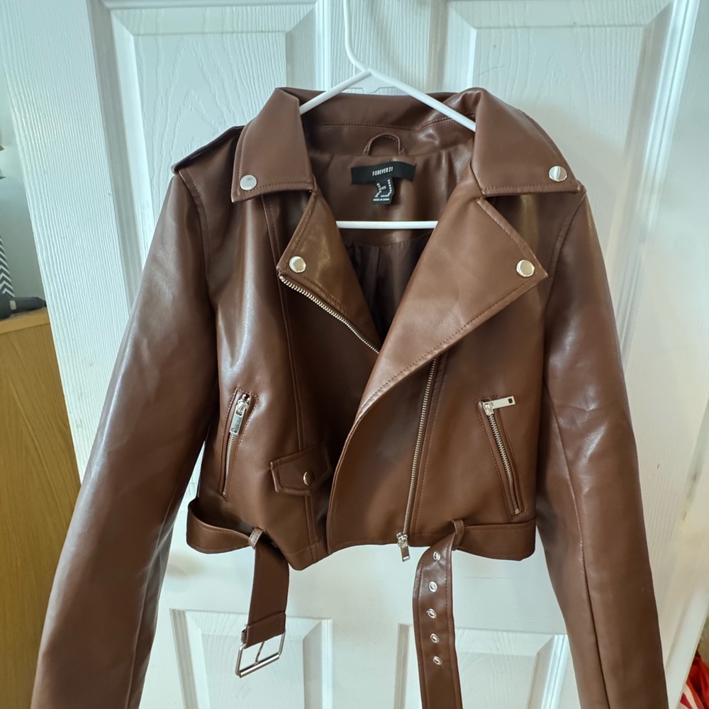 Forever 21 Brown Faux Leather Biker Jacket with Belt
Size medium